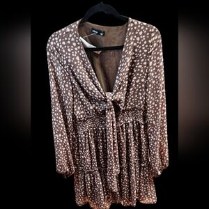 Akaiv Brown With Pink Print Long Sleeve Dress